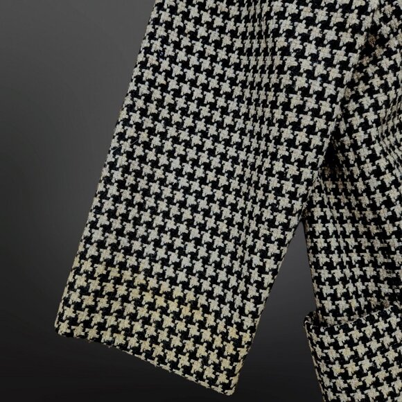 Vintage 80s Long Houndstooth Coat Womens Size M Black Beige Leather Collar - Picture 10 of 11